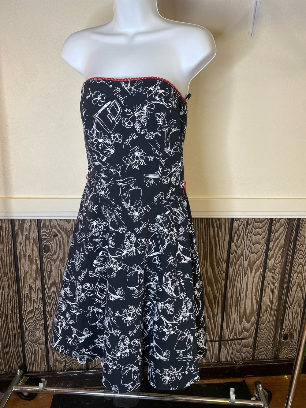 Ruby Rox Black Strapless Floral Sketch Fit-and-Flare Dress with Red Trim